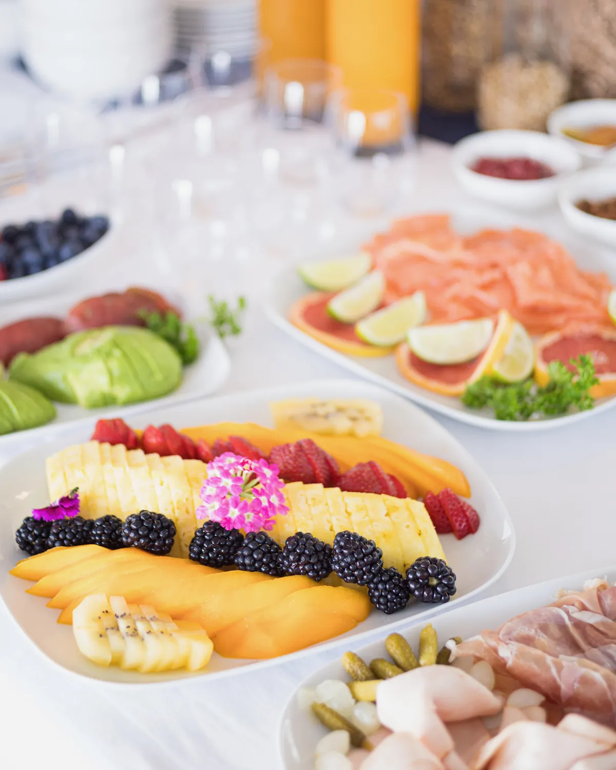 Breakfast on board One Planet: fresh fruit, salmon and juices