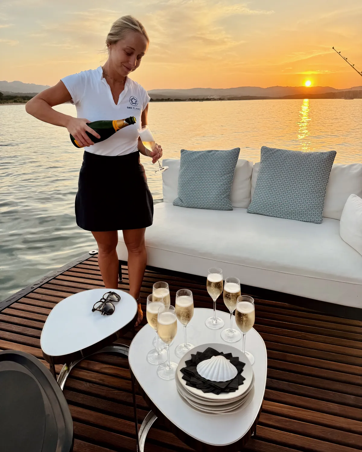 Champagne served at sunset on One Planet’s aft terrace