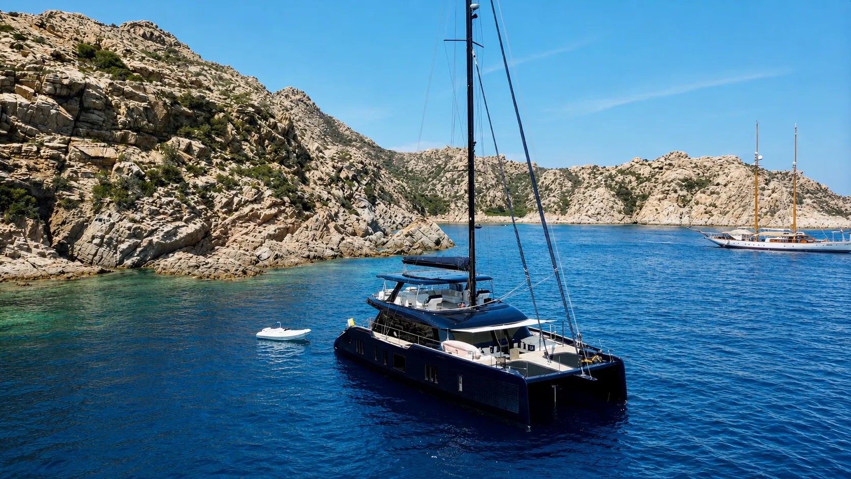One Planet at anchor off Caprera, La Maddalena, Sardinia