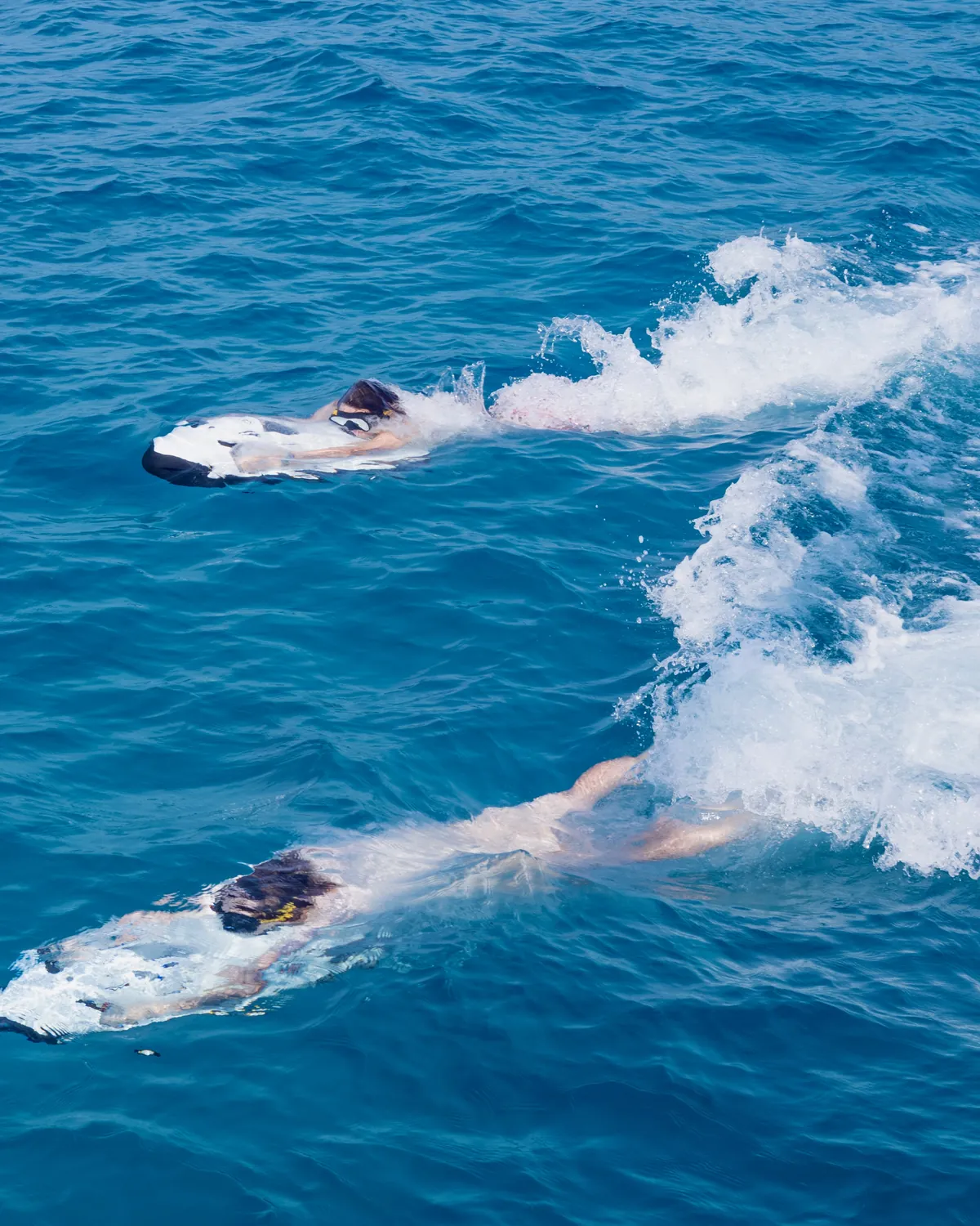 Two Seabobs racing across turquoise water, seen from above